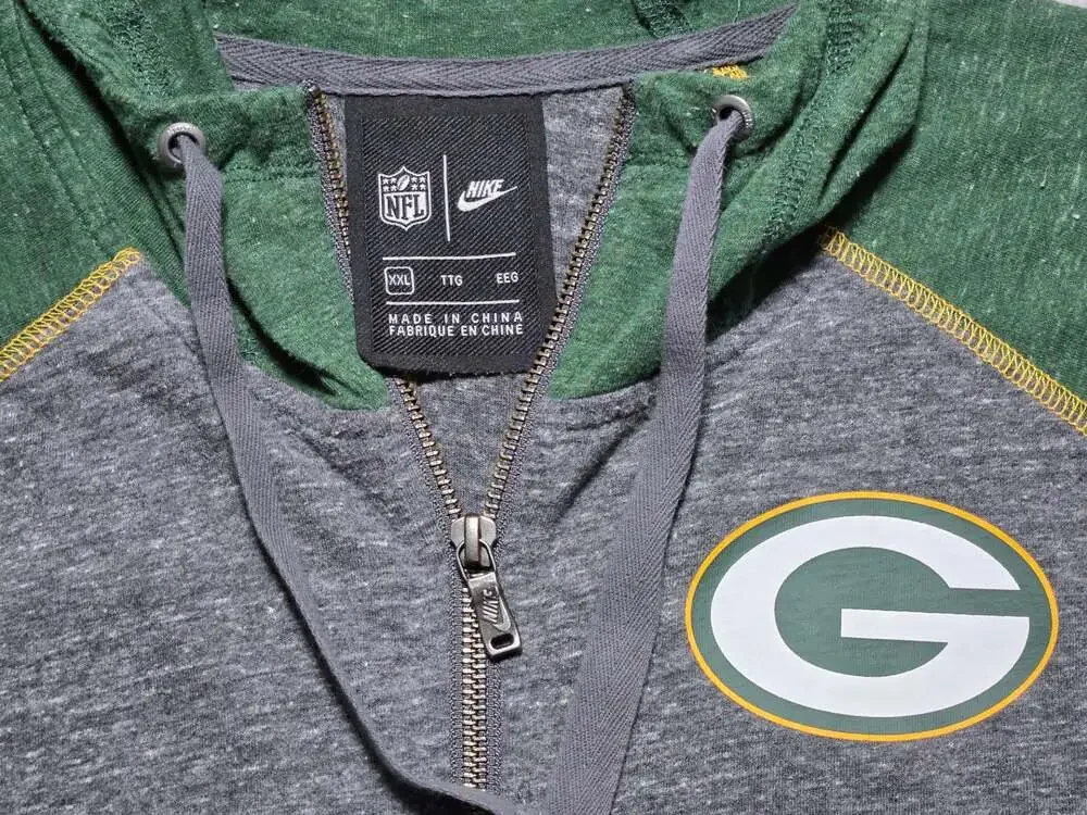 Nike NFL Green Bay Packers Mens Full Zip Hoodie Gray Green Raglan Sweatshirt XXL
